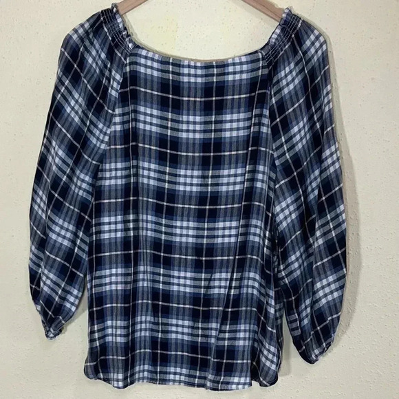 Loft Blue Plaid Top with 3/4 Elastic Sleeves Size Medium - Picture 2 of 7
